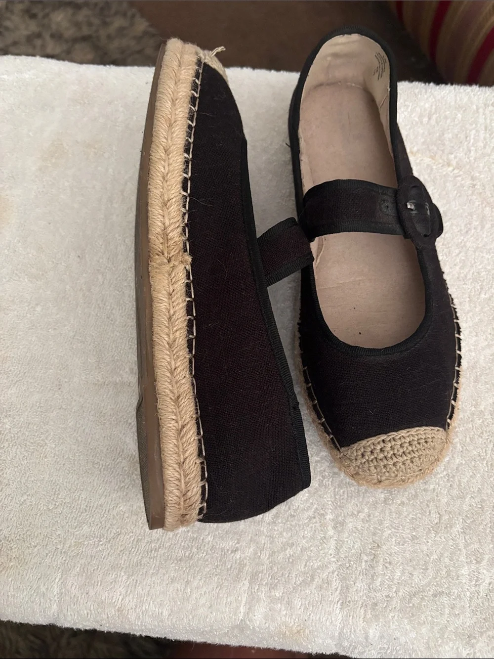 Bandolino Black Mary Jane Espadrille Flats with Natural Toe Cap